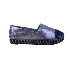 Tory Burch Silver Metallic and Navy Espadrille Flats